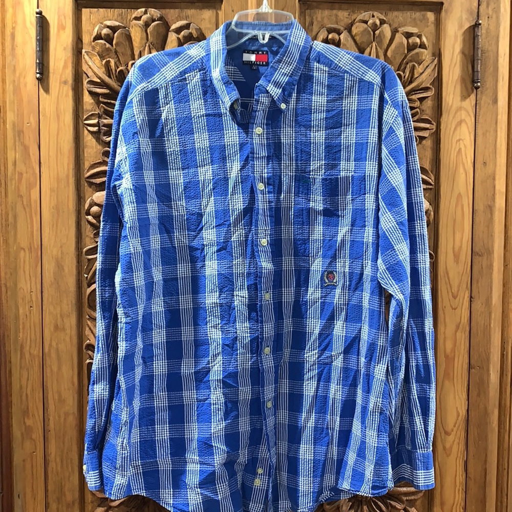 EUC Vintage Tommy Hilfiger large blue/white seersucker shirt